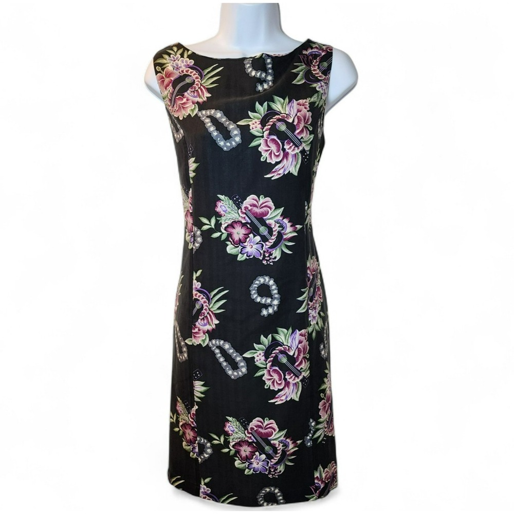 Hilo Hattie Dress Size 10 Black Silk Hawaiian Floral Ukulele Lei Tropical Excell